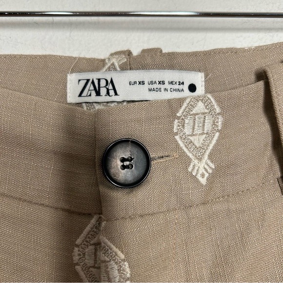 ZARA TAN LINEN BLEND EMBROIDERED WIDE LEG CULOTTE PANTS XS - Picture 6 of 6